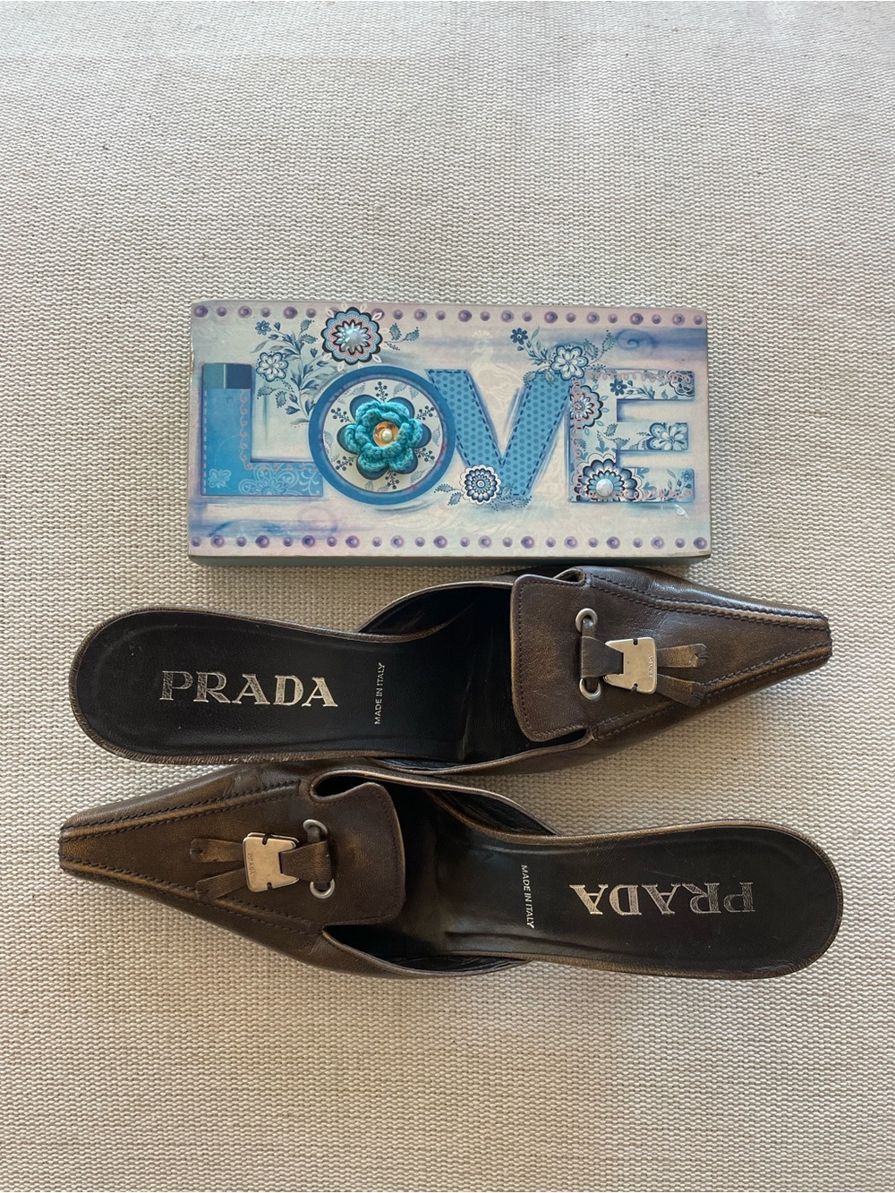 1990s Prada Mule Kitten Heel Brown/Bronze Leather Pointed Toe